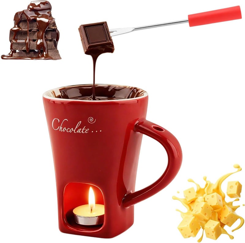 WeiLingBo Chocolate Fondue Cup,Chocolate Fondue Mug with Fork and Candle,Ceramic Chocolate Melting Cup for Birthday Date Night Birthday Wedding Gifts (11.5 * 5.5 * 8.5cm,COLOR:Red) - Image 1